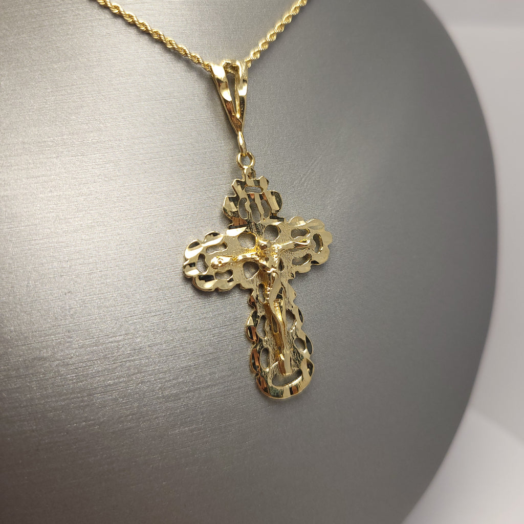Colgante de oro de 14 quilates con forma de pepita y crucifijo