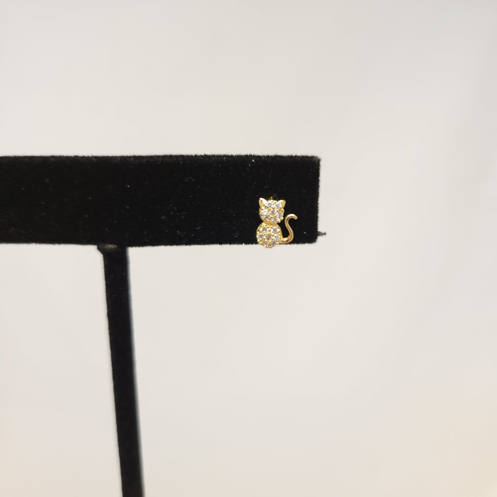 14K Yellow Gold Cat Earrings Curled Tail Clear Push-back