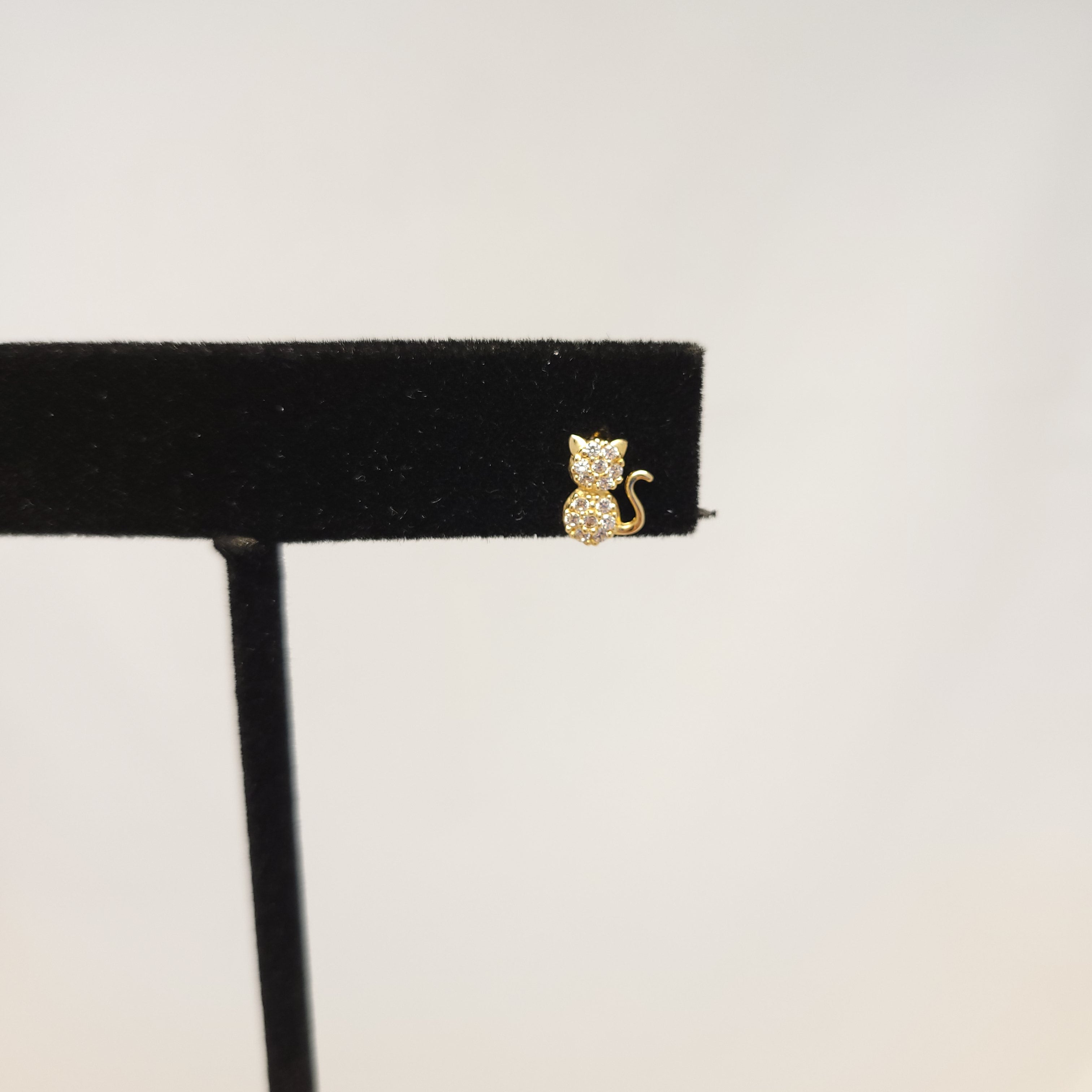14K Yellow Gold Cat Earrings Curled Tail Clear Push-back
