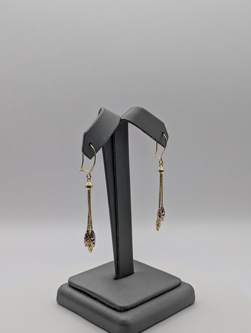 Aretes Colgantes de Oro Tricolor 14K con Corte Diamantado