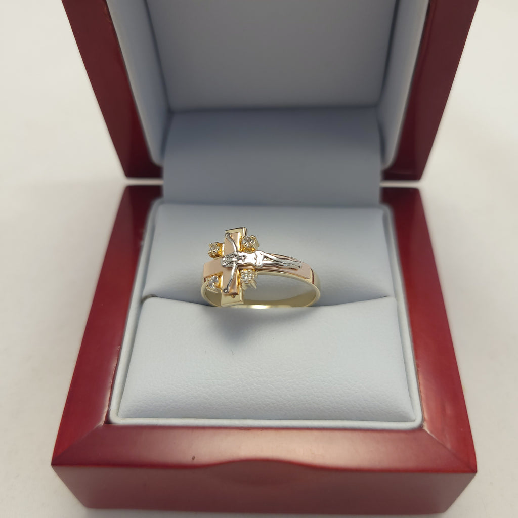 Anillo Crucifijo de Oro Tricolor de 14K