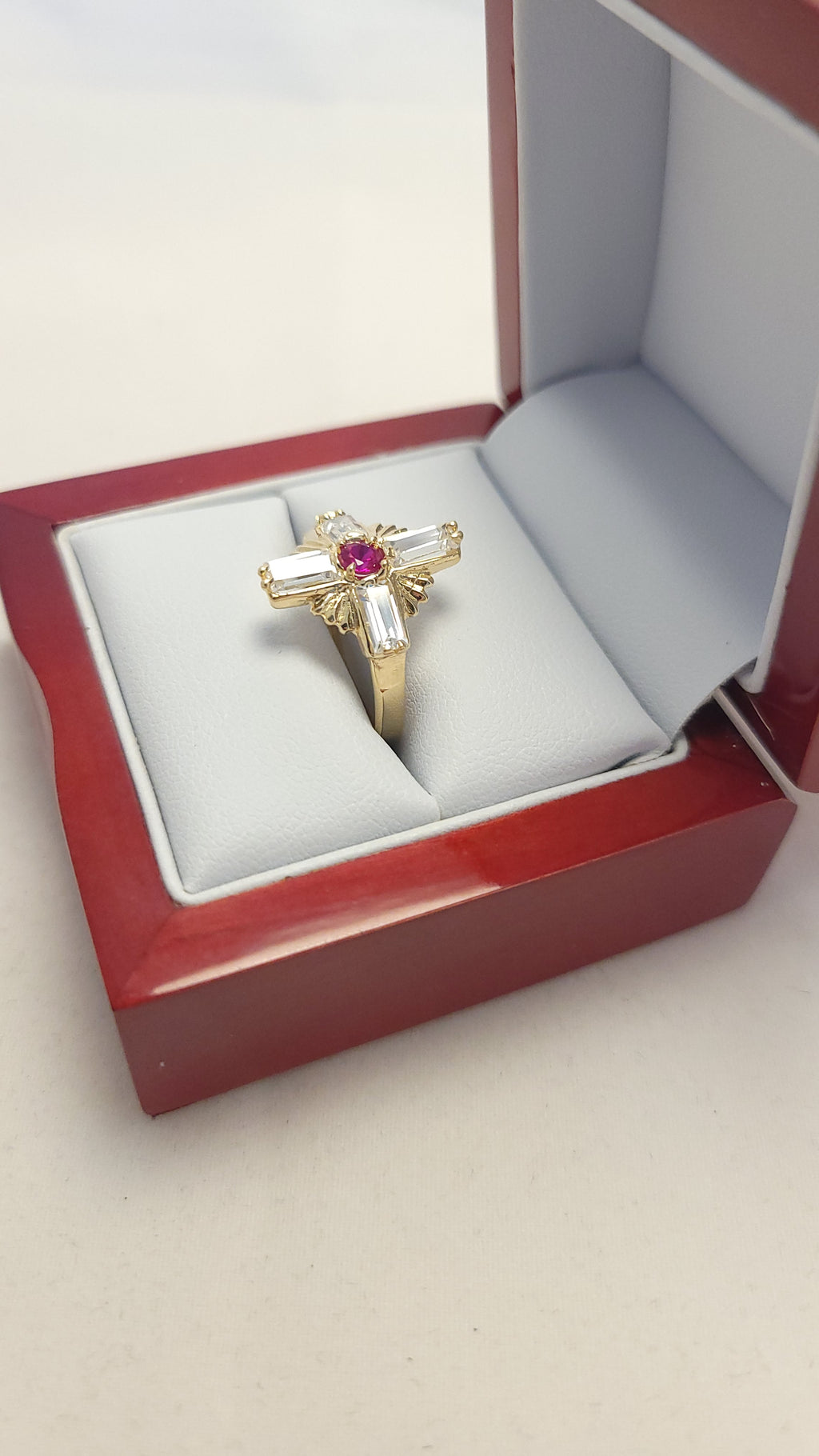 Anillo Cruz de Rubí Oro Amarillo 14K