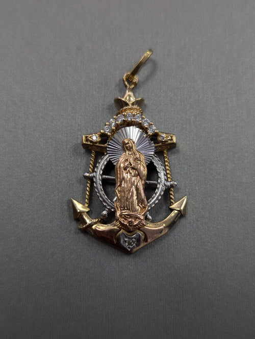 14K Tri Color Anchor Guadalupe CZ Pendant
