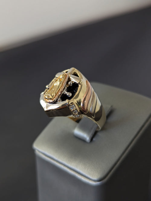 14K CZ Tri Color Anchor Virgin Mary Ring